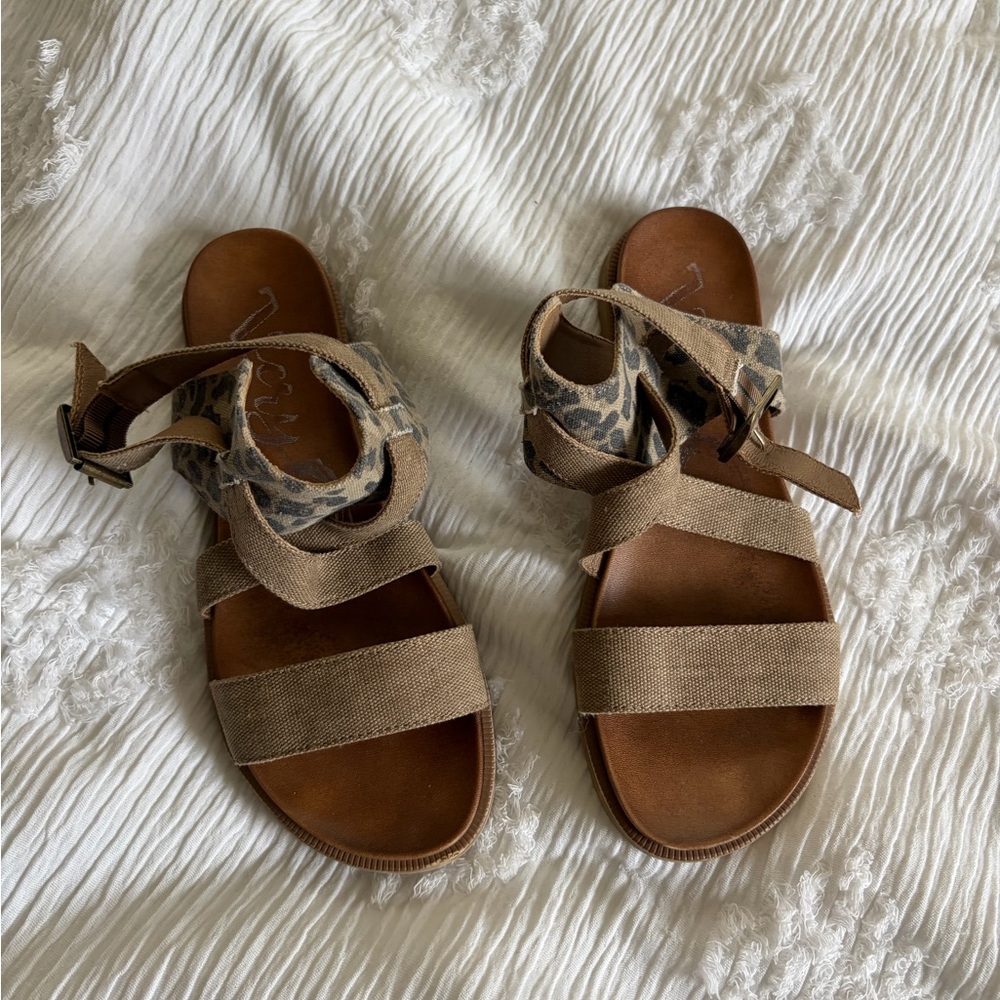 Very G Tan Canvas Sandals with Leopard Ankle Straps